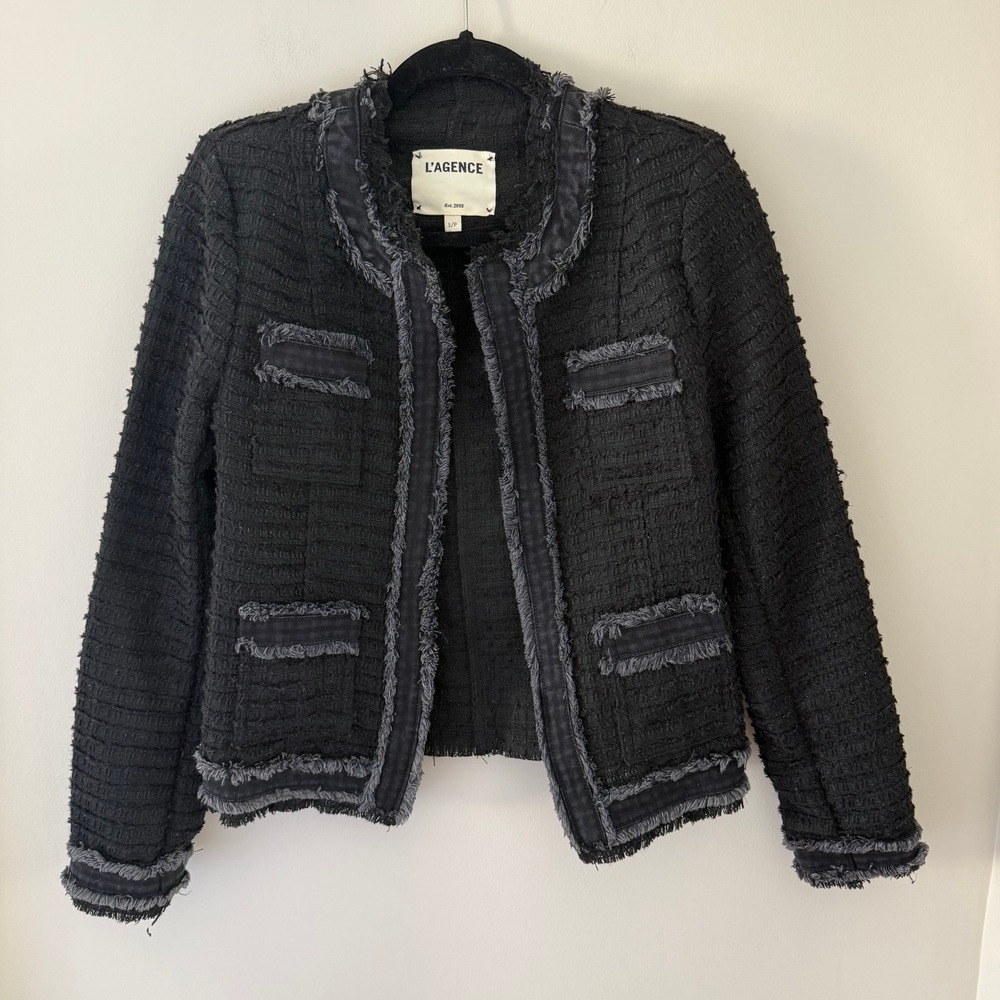 L'AGENCE Agnes Jacket Black Washed Tweed Fringe‎ Raw Edge Blazer Small